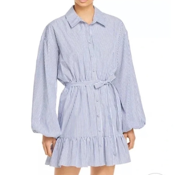 CINQ À SEPT Kelly Long Sleeve Mini Shirtdress Blue/White Striped belt buttons 4 - Picture 2 of 7